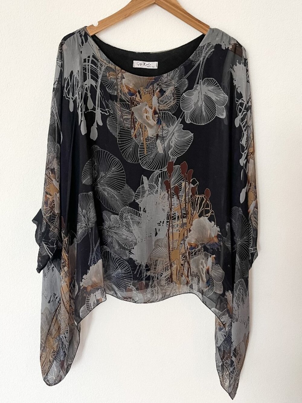 Gigi Moda Made in Italy Black Floral Chiffon Overlay Blouse L